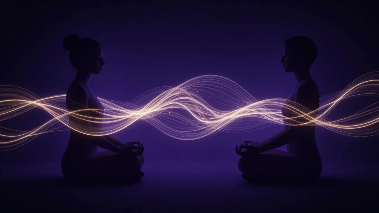 Abstract light threads connecting two silhouettes