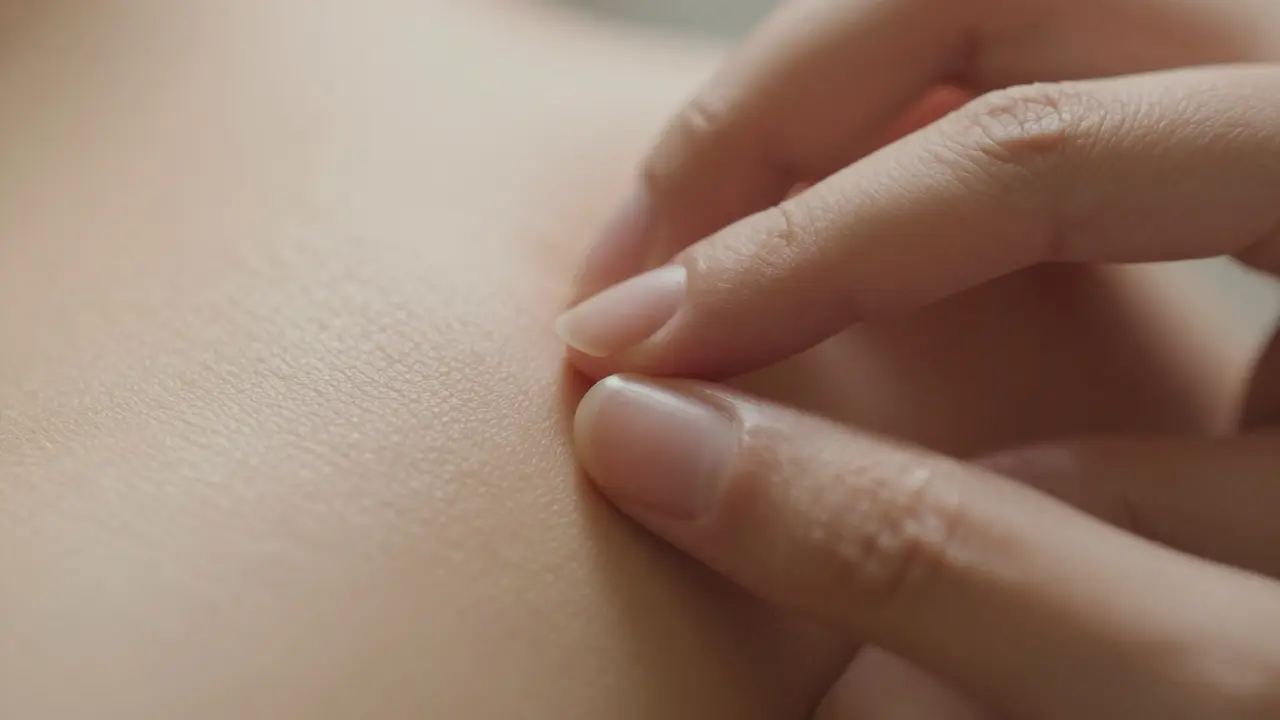 Close-up of fingertips lightly grazing skin, showing gentle, feather-light touch.