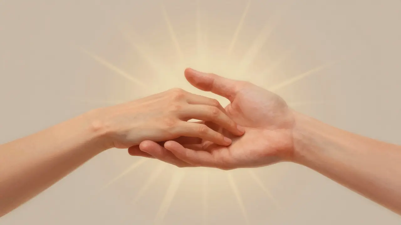 Close-up of hands touching gently, symbolizing mindful connection and trust.