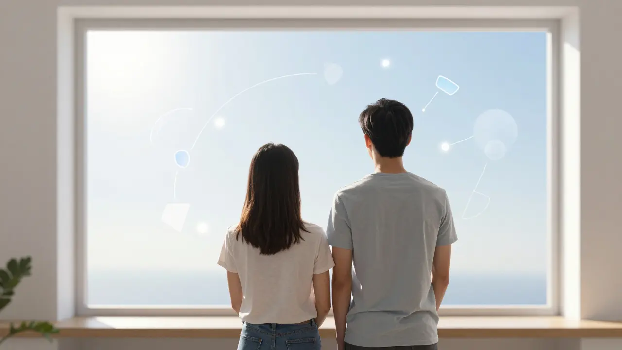 Couple looking out a window together, symbolizing shared goals and future intimacy.