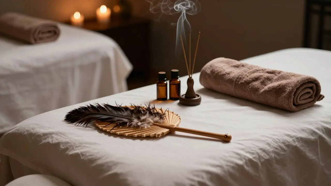 Dimly lit massage room with ostrich feathers, warm towels, and incense, creating a serene ritual atmosphere.