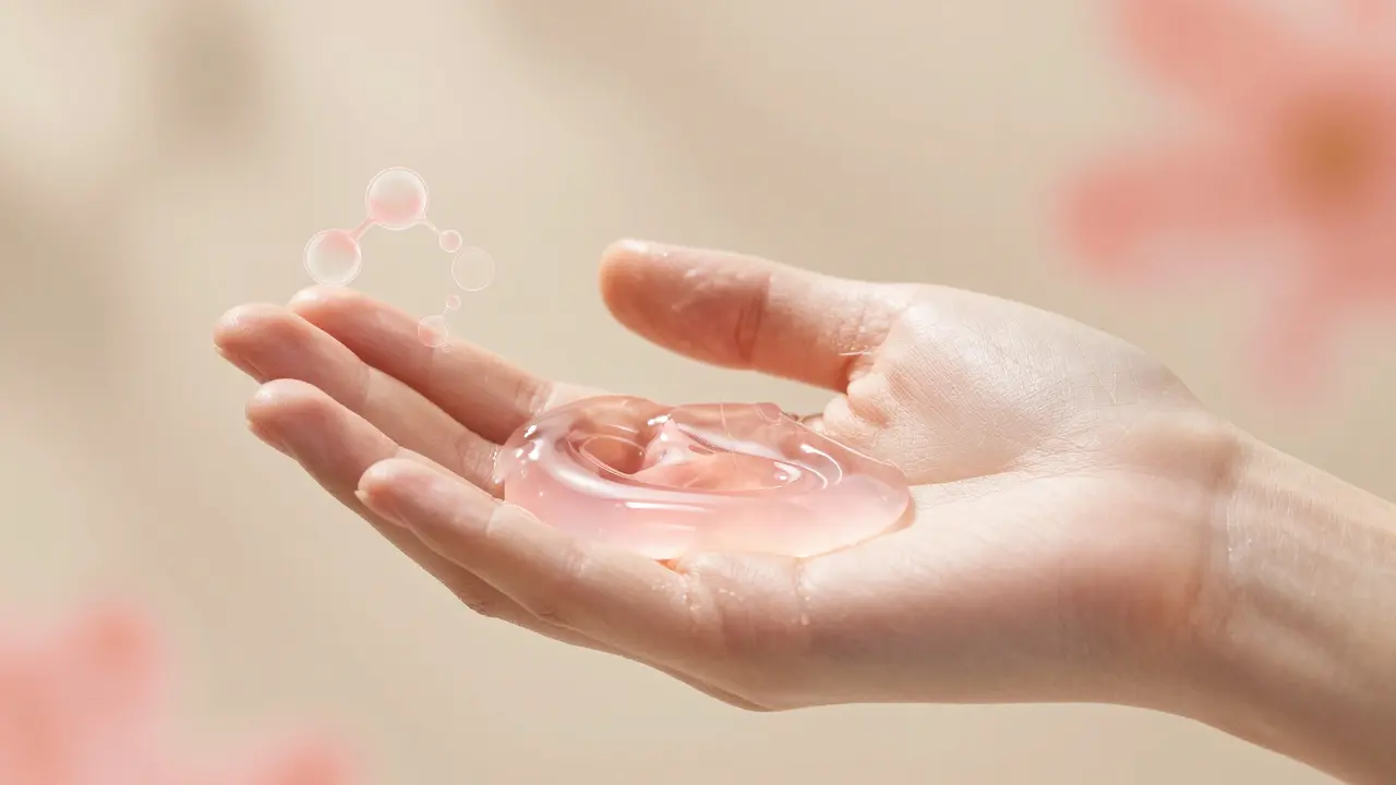 Hand holding glowing hydrating gel with soft botanical accents, symbolizing skin health.