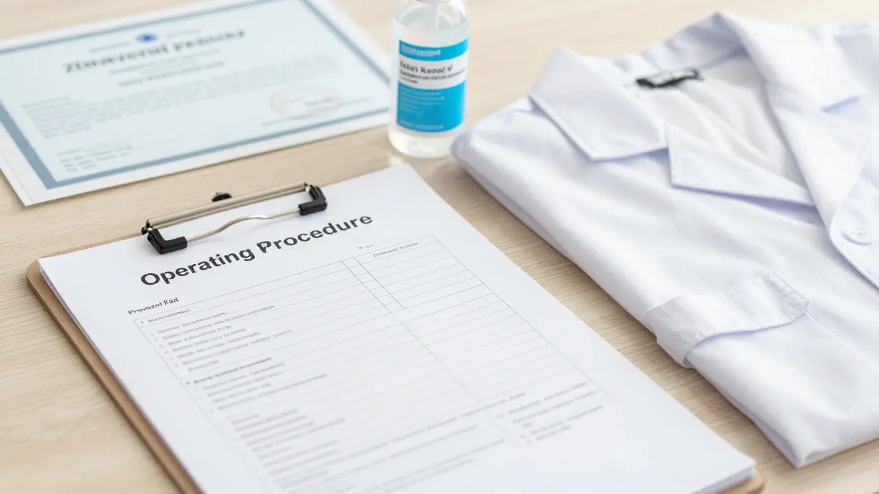 Hygiene logs, disinfectant, and white uniform on desk