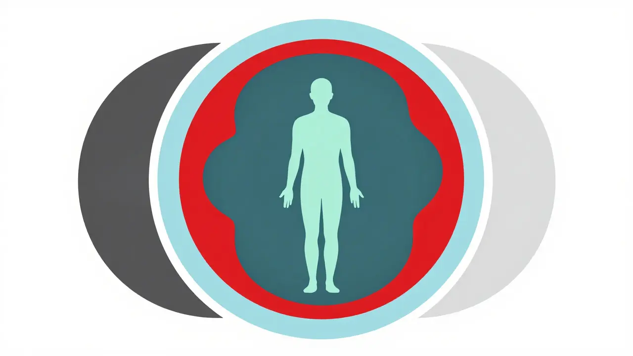 Illustration of a person centered in a calm zone between chaotic emotional states.