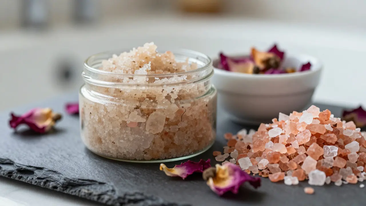 Natural bath salts, scrub, and rose petals on a stone surface
