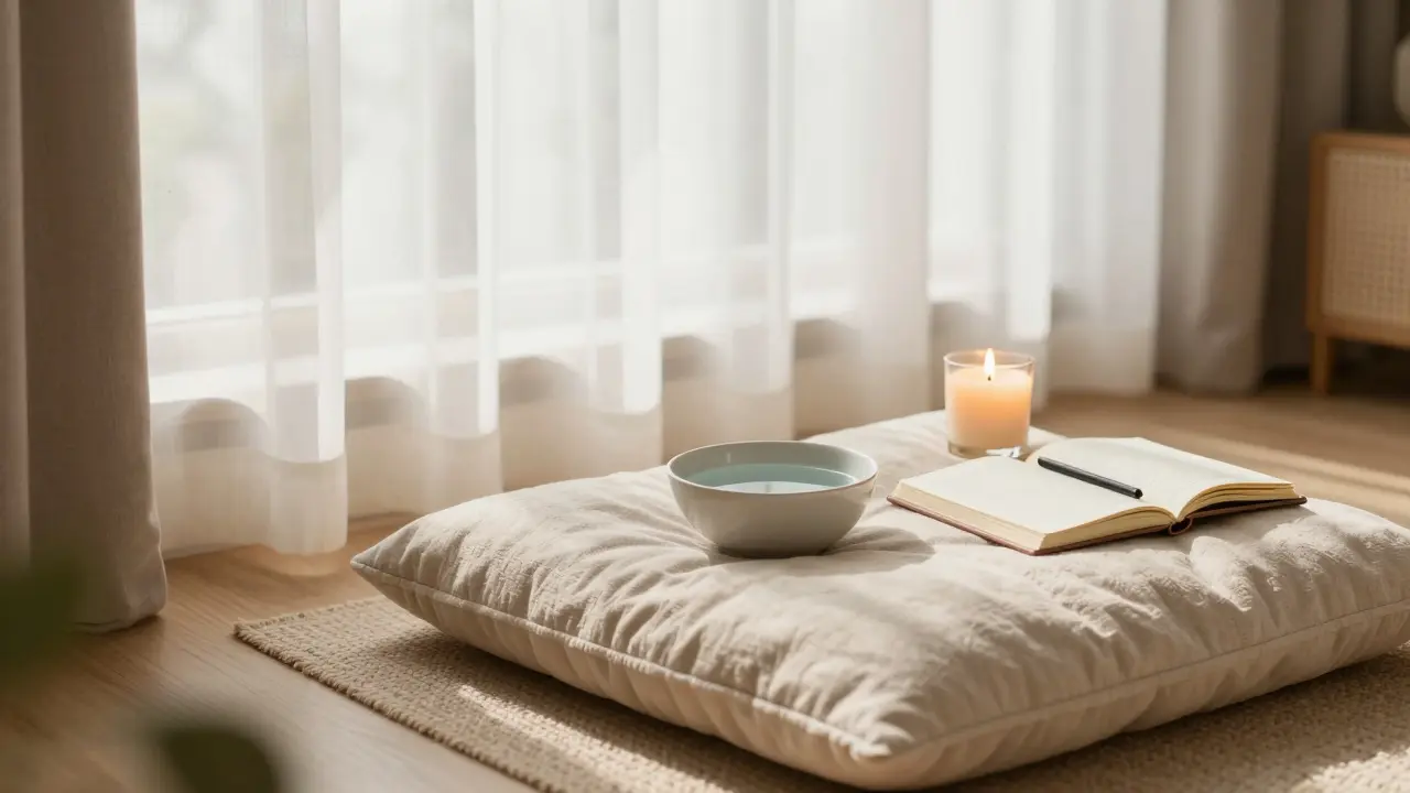 Peaceful room with cushions, candle, and water for self-care preparation.