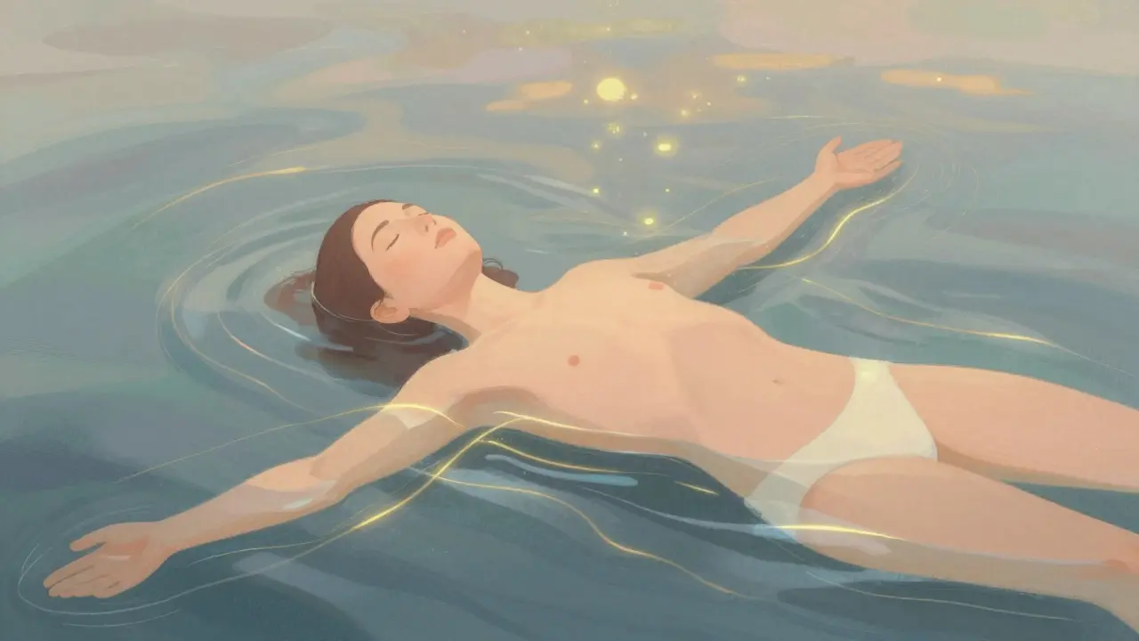 Person relaxing in bath with glowing energy lines representing mindfulness