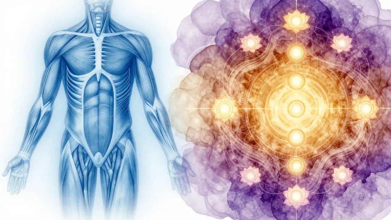 Visual comparison of anatomical muscle structures on the left and glowing chakra energy centers on the right.