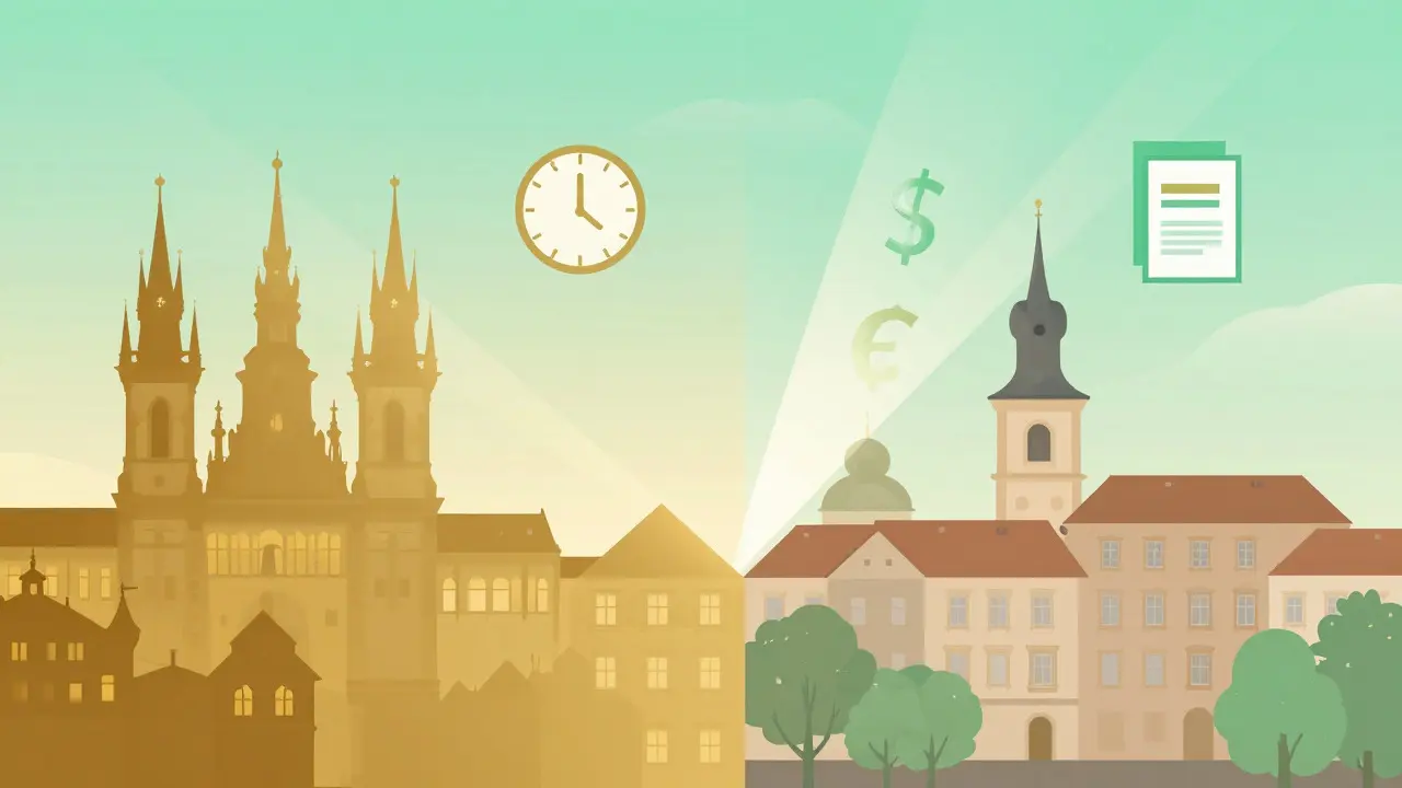Abstract art comparing wellness costs between Prague and Brno