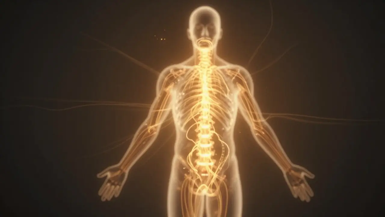 Abstract glow of energy flowing through a body silhouette