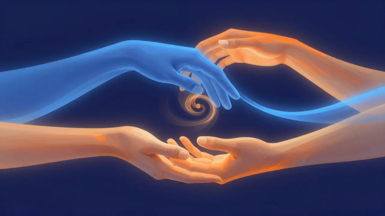 Abstract intertwined blue and orange ribbons symbolizing breath sync