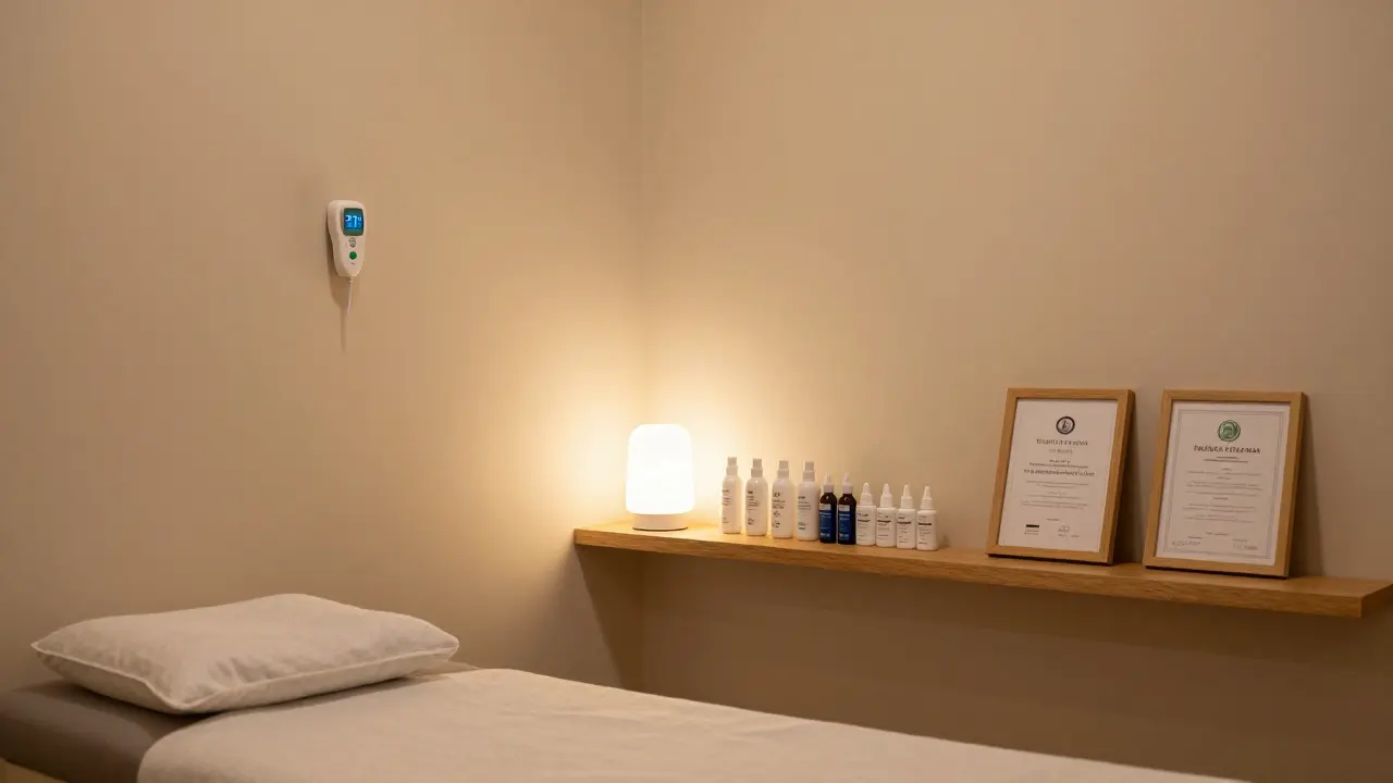 Clean, warmly lit therapy room with certificates and amenities