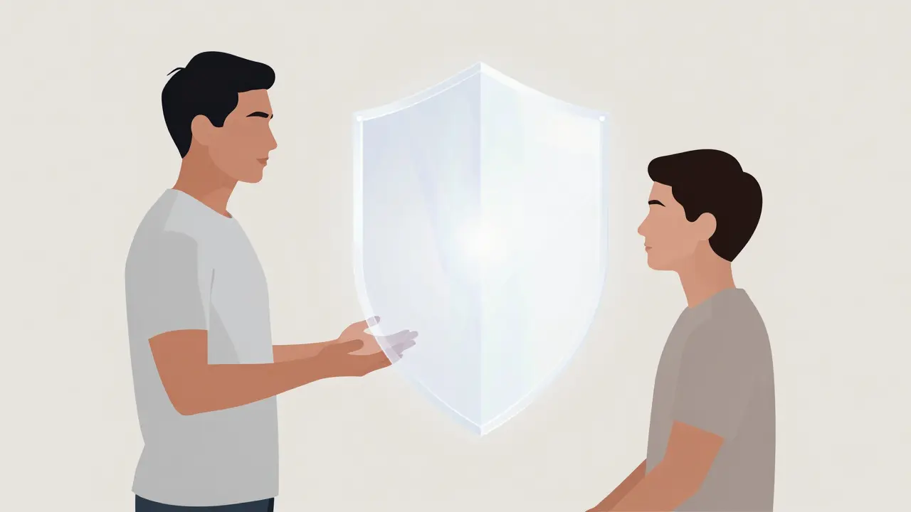 Conceptual art showing therapist holding safe space with boundary shield