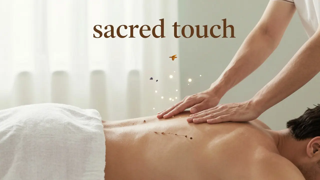 Hands hovering over draped figure with herbal elements