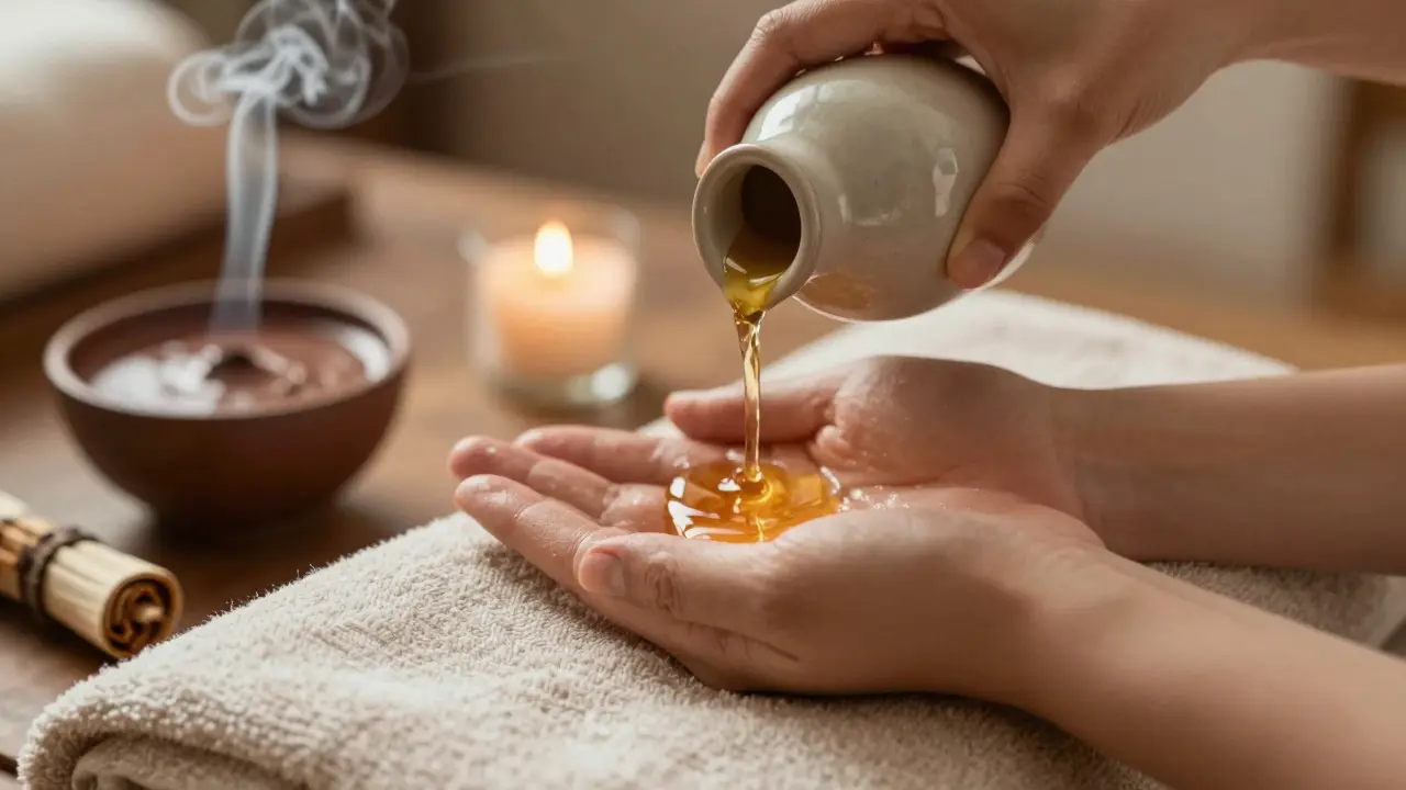 Hands pouring warm oil during a sensual ritual with candles