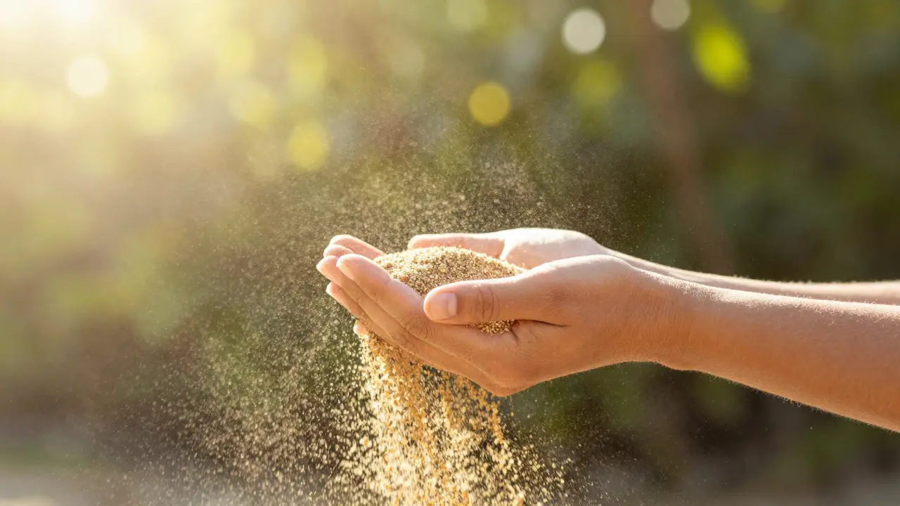 Hands releasing golden light particles into sunlight