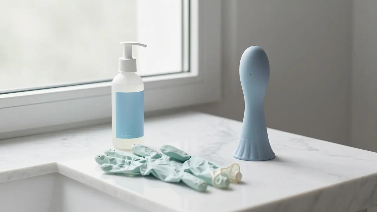 Hygiene supplies and prostate massager device on a clean bathroom counter.