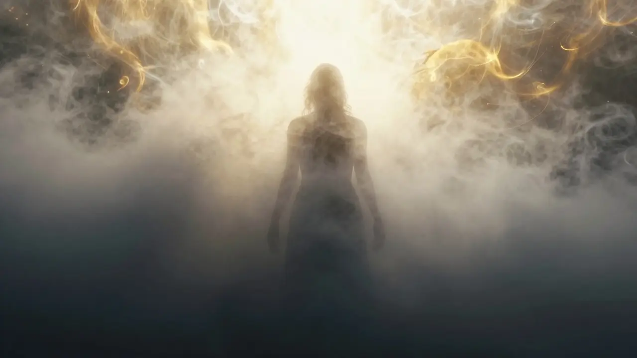 Silhouette releasing darkness into radiant light symbolizing healing