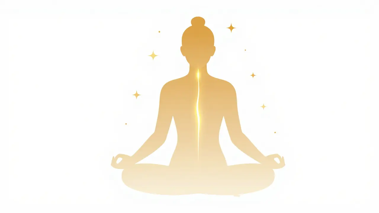 Silhouette with glowing golden energy line rising up the spine