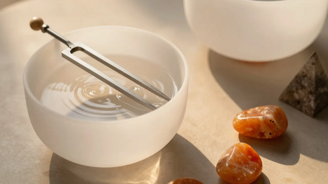 Tuning fork creating ripples in water with orange healing crystals