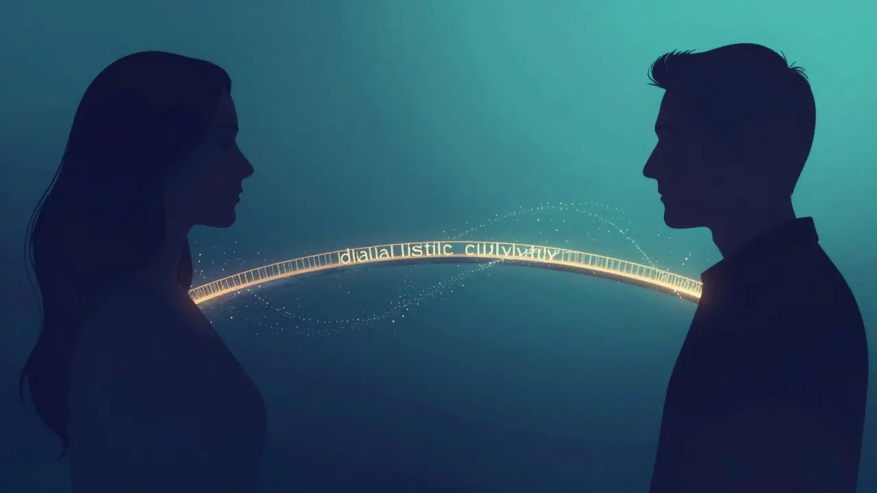 Two silhouettes connected by a bridge of light and energy particles