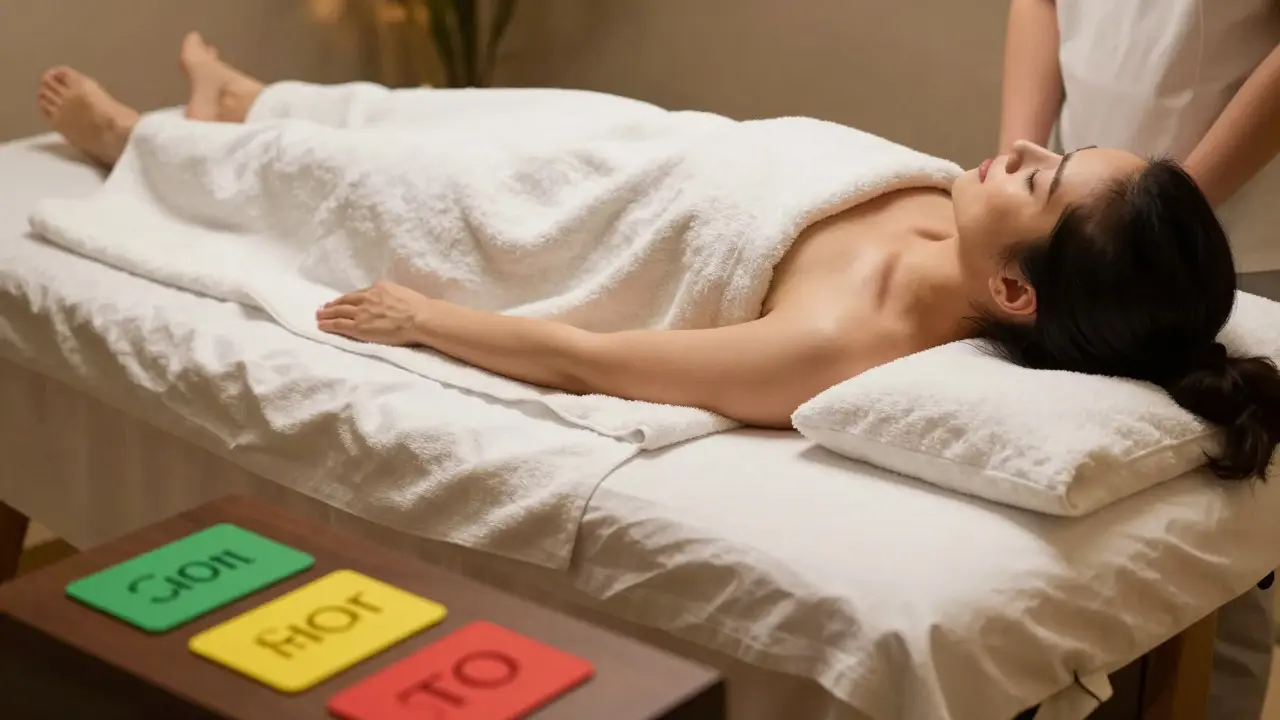 Woman wrapped in towel on massage table with consent tokens