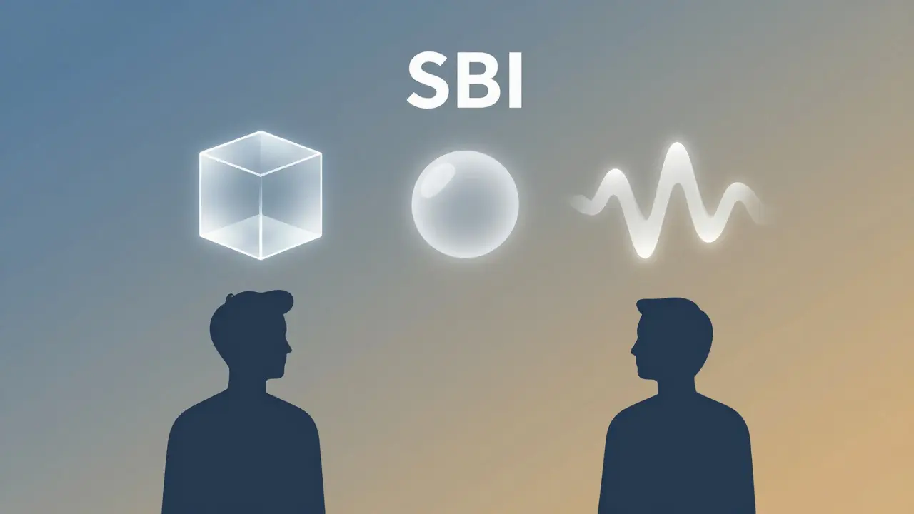 Abstract illustration of two figures exchanging geometric shapes representing communication concepts