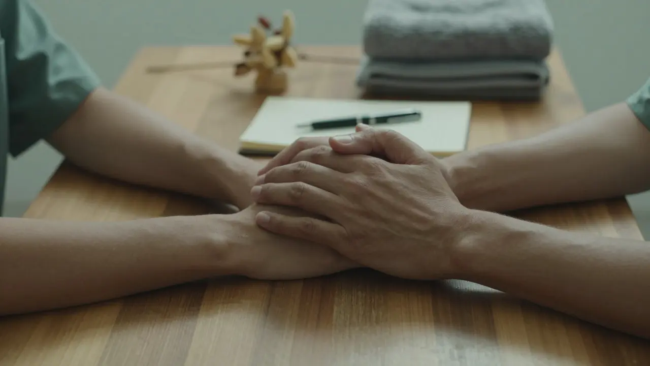 Close-up of a couple's hands resting on a table with a notebook, symbolizing an agreement