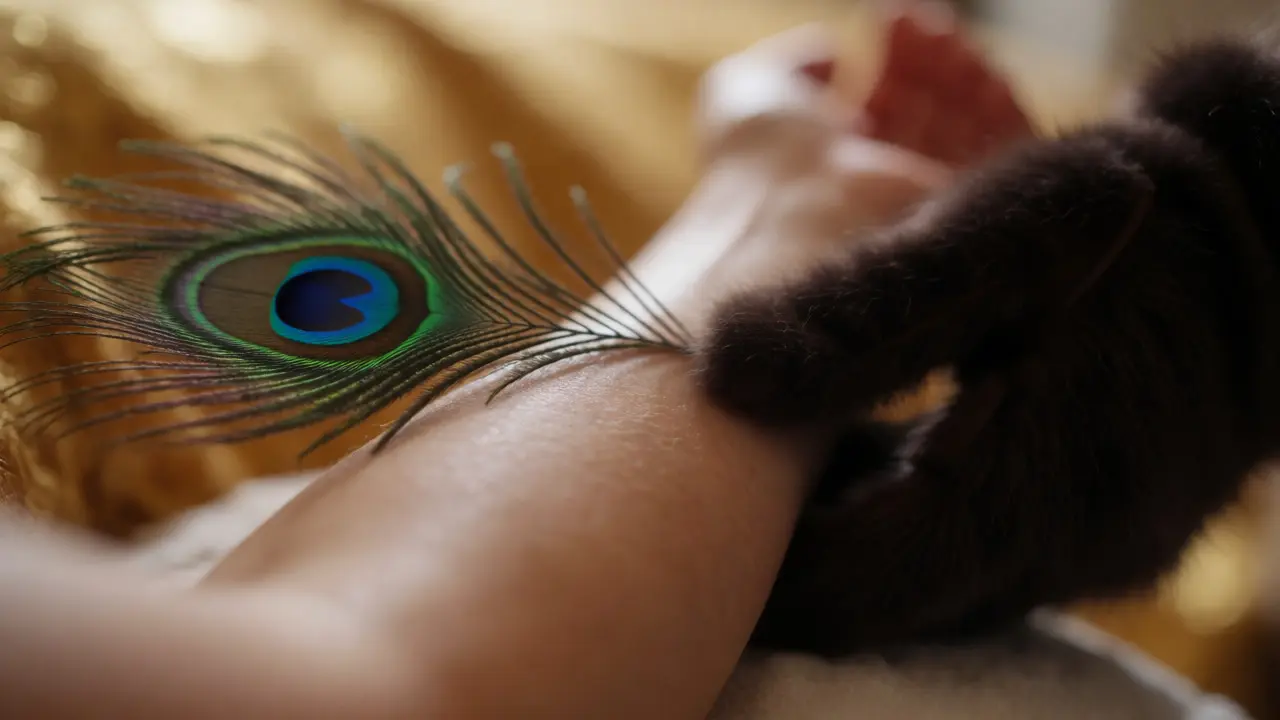 Close-up of a peacock feather lightly touching a person's arm during a sensory massage session.
