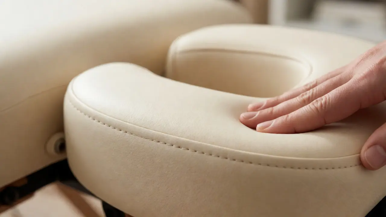 Close-up of soft-touch memory foam padding on a massage table surface.