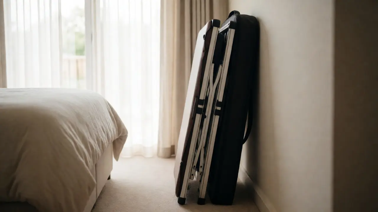 Folded portable massage table stored neatly in a tidy home hallway.