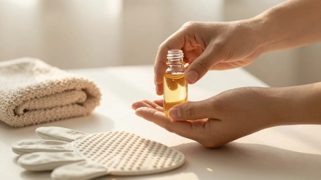 Hands holding massage oil bottle with soft knit gloves in warm light