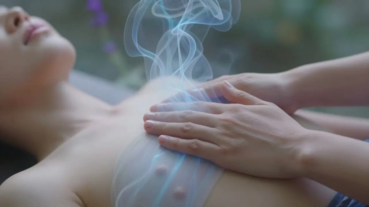 Hands over chest with swirling mist visualizing breath and heart coherence