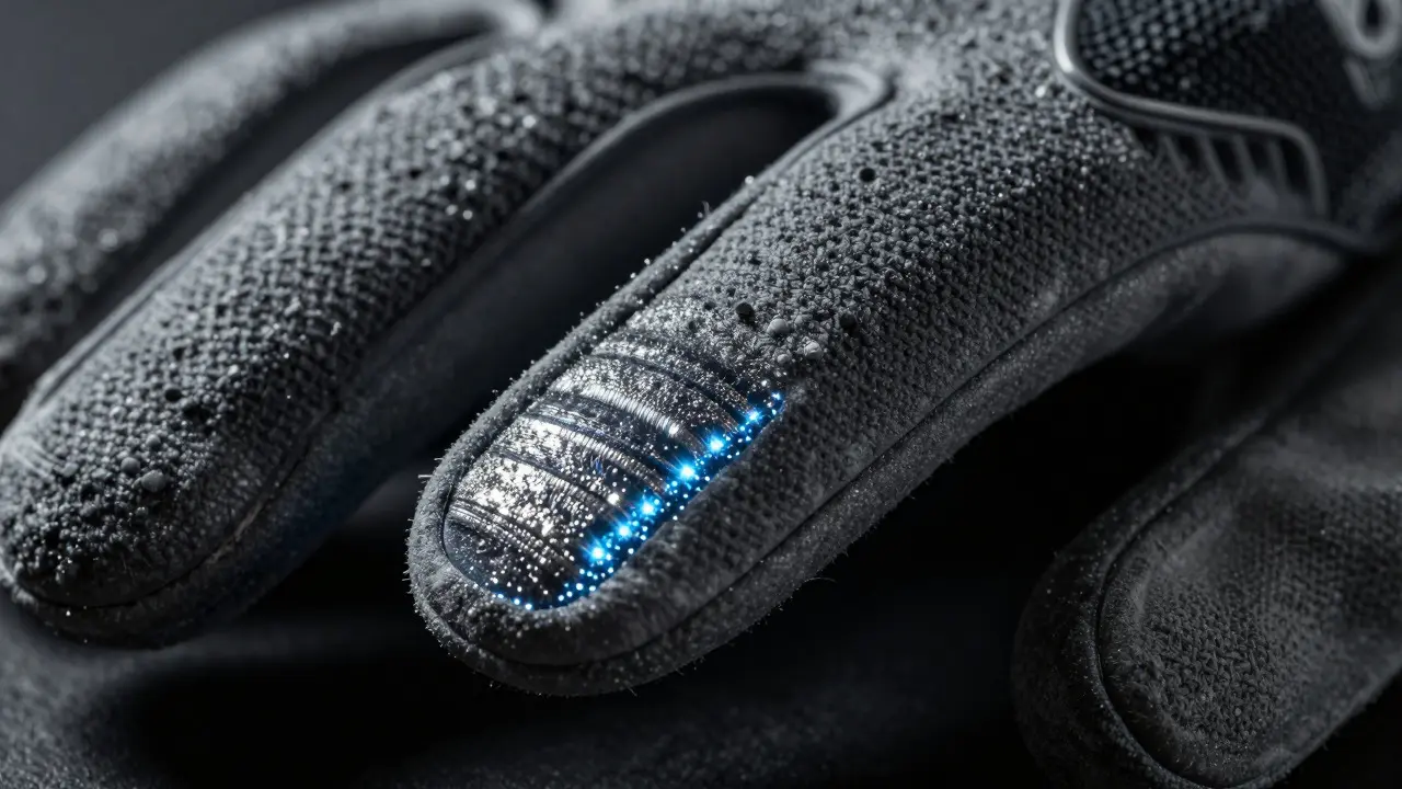 Macro view of glove layers showing embedded silver conductive technology