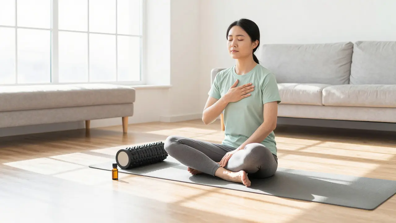 Person practicing self-regulation at home with a foam roller nearby