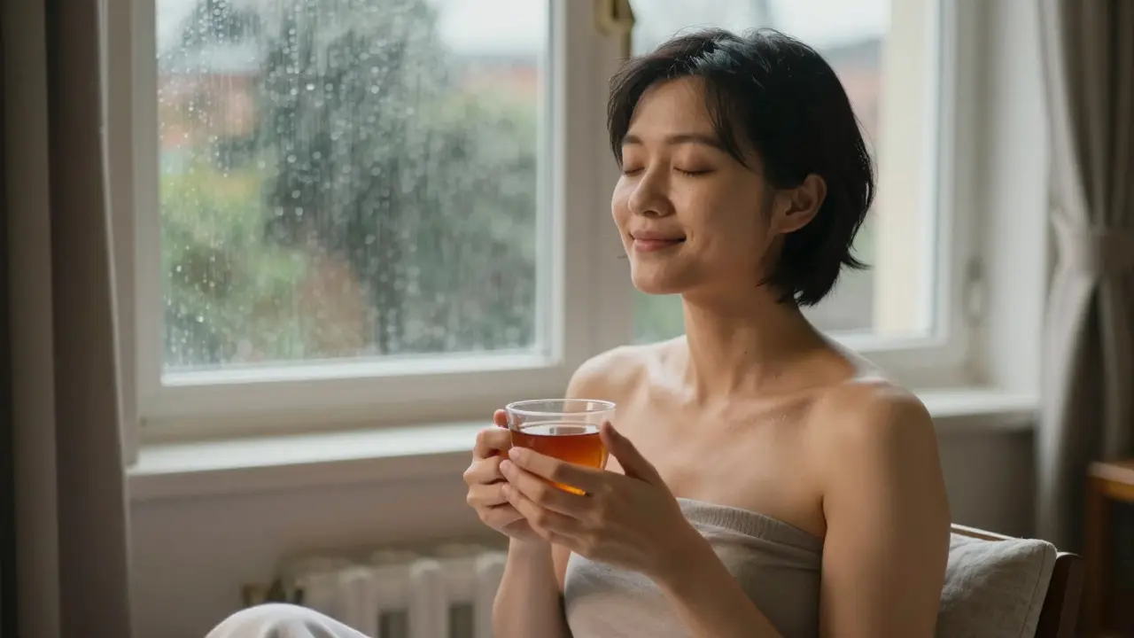 Person relaxing with tea after massage, feeling peaceful