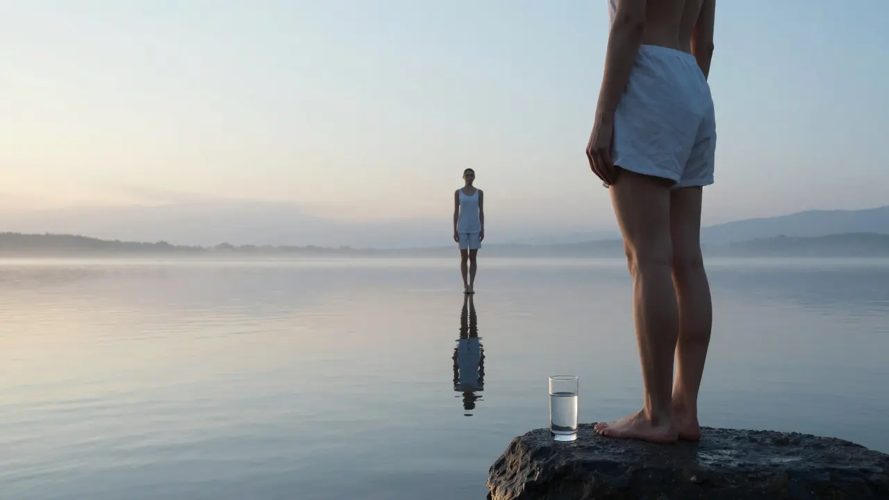 Person standing by calm lake reflecting inner peace