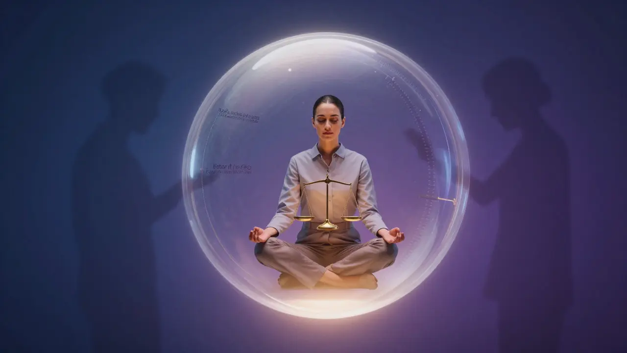 Practitioner in a glowing protective sphere, symbolizing boundaries and self-care.