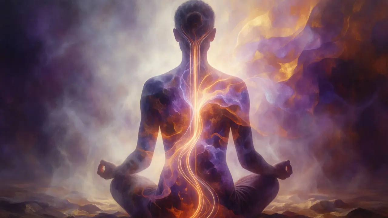Silhouette of a meditating figure with glowing energy lines rising through the spine representing kundalini.