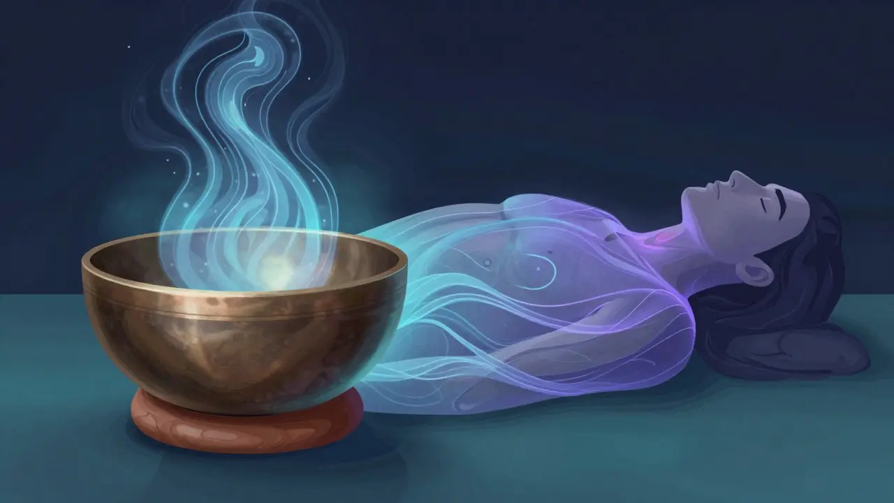 Singing bowl sending energy ripples towards a relaxed figure