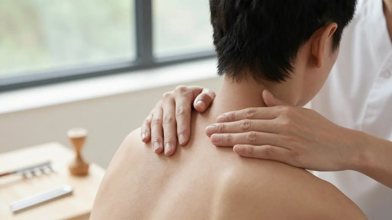 Therapist hands on back while client touches their throat