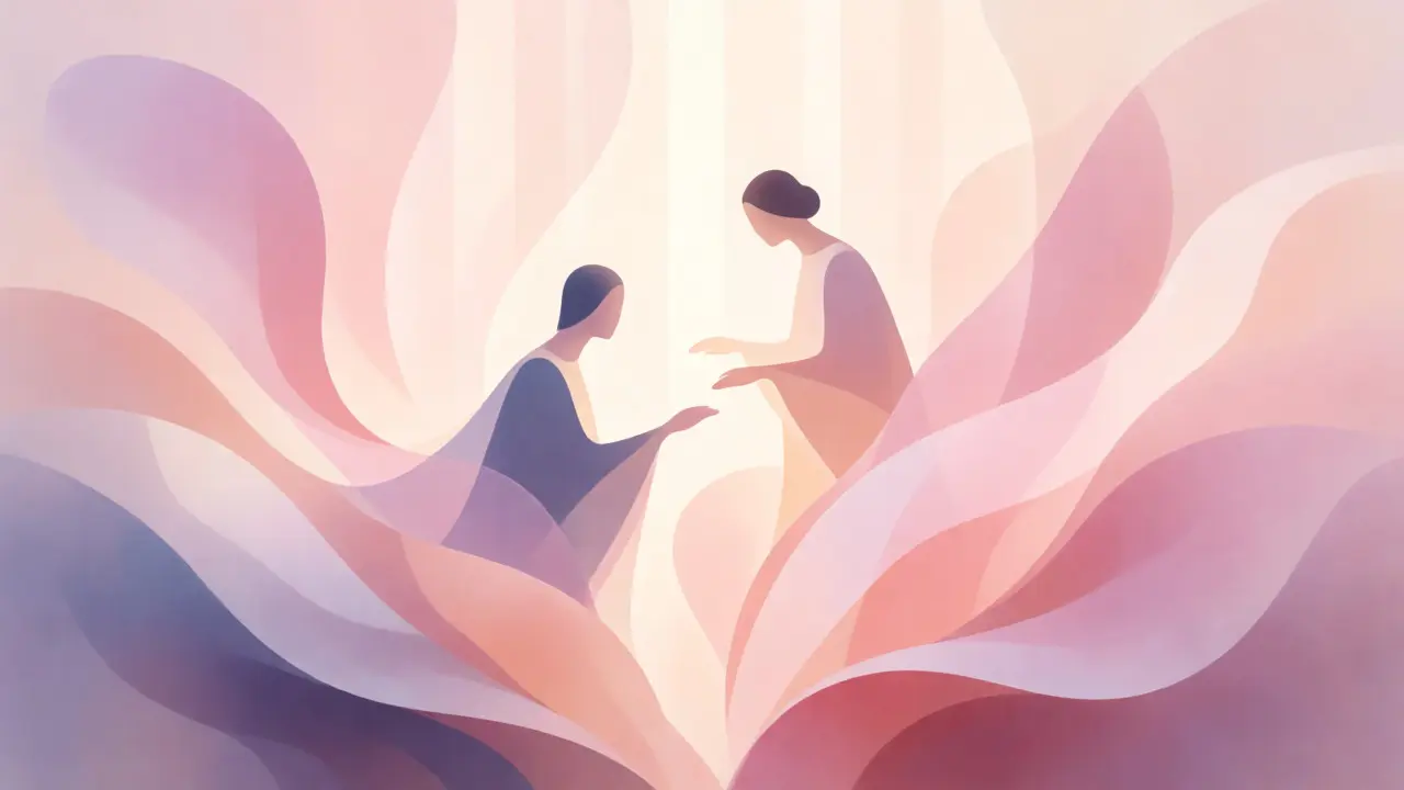 Abstract illustration of two figures surrounded by soft, flowing pastel shapes.