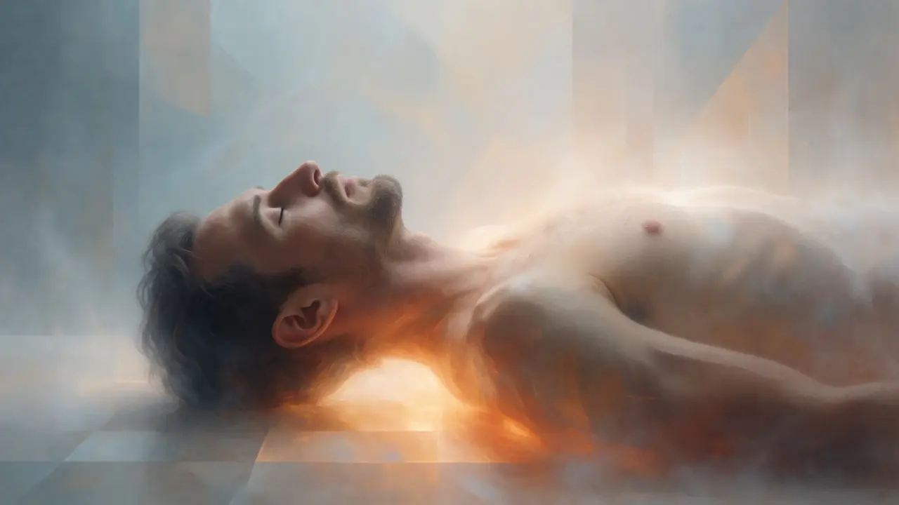 Abstract visualization of a man relaxing with a glowing aura around his pelvis, symbolizing energy release.