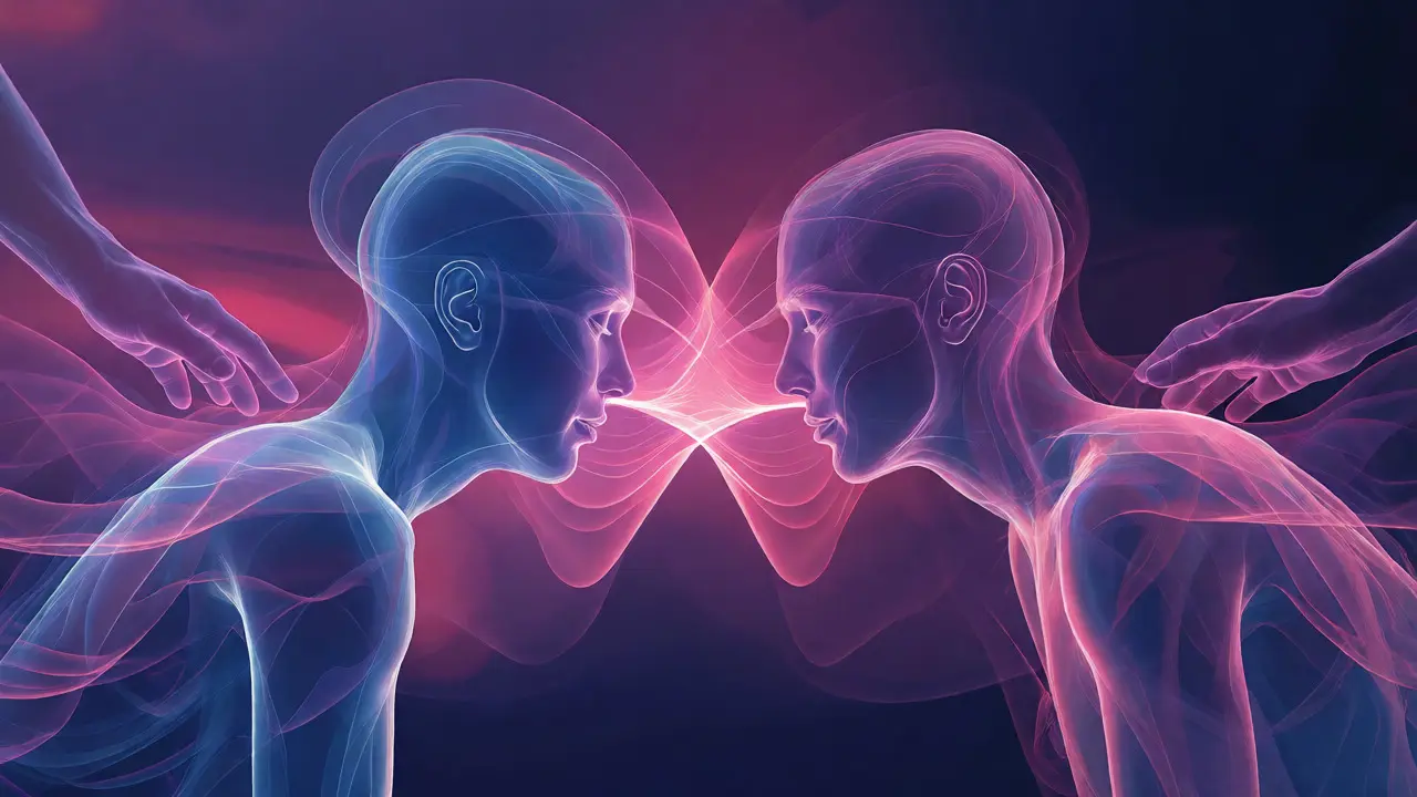 Abstract visualization of synchronized breathing and energy flow between two people