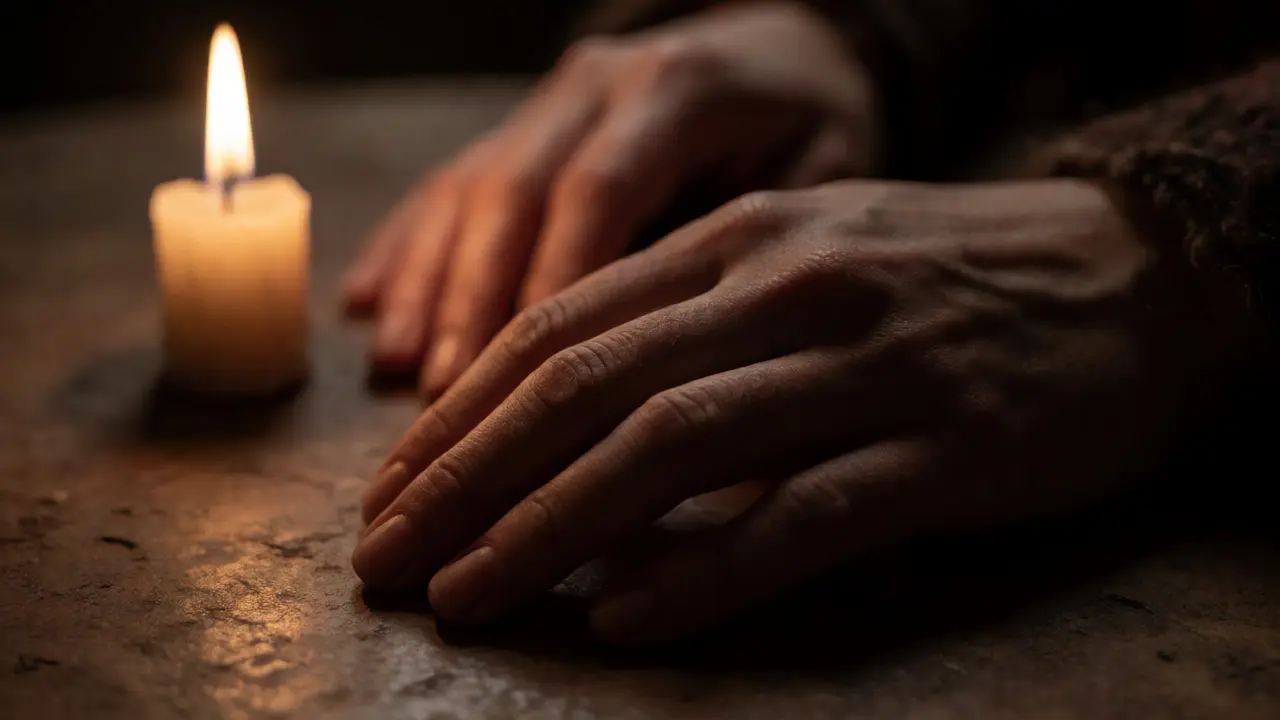 Close-up of hands resting near a lit candle in dim, intimate lighting.