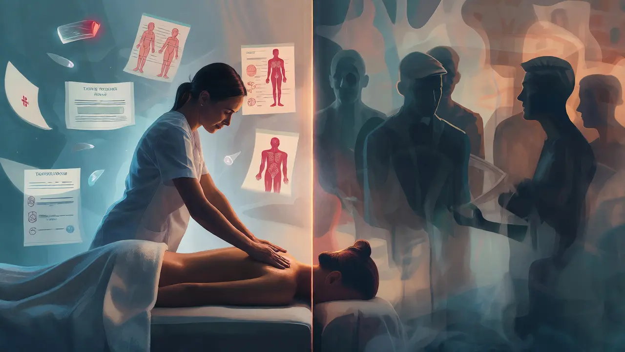 Conceptual art showing the legal divide between therapeutic massage and ambiguous services.