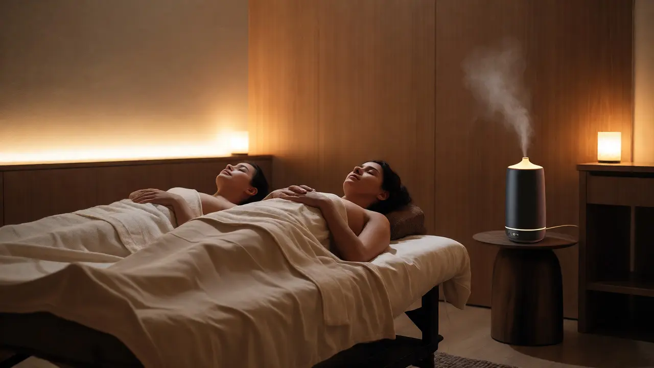 Couple relaxing during massage with diffuser placed nearby