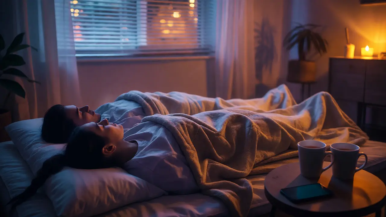 Couple resting under blankets with tea nearby, phones put away.