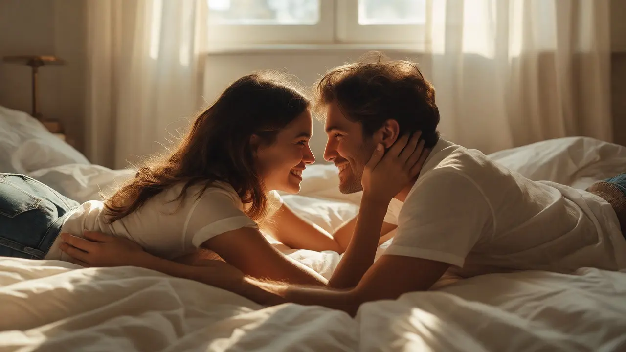 Couple smiling and connecting intimately while pausing during sex