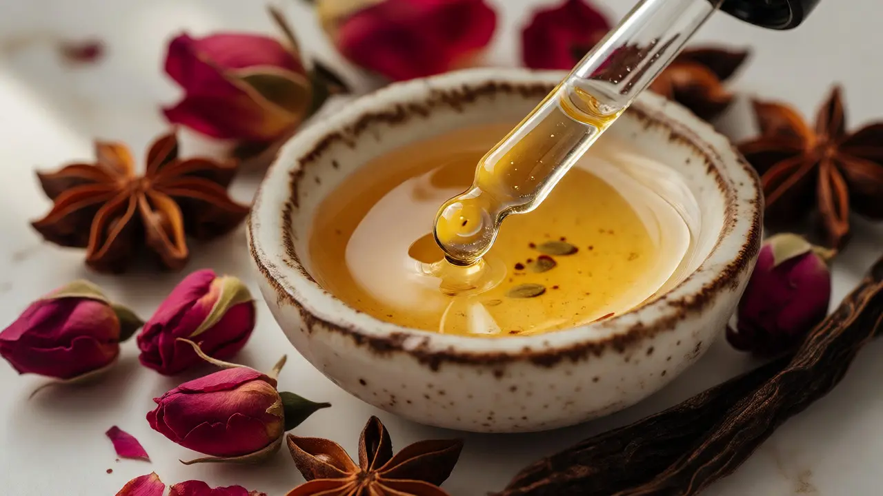 Glass dropper dispensing golden essential oil near rose and vanilla